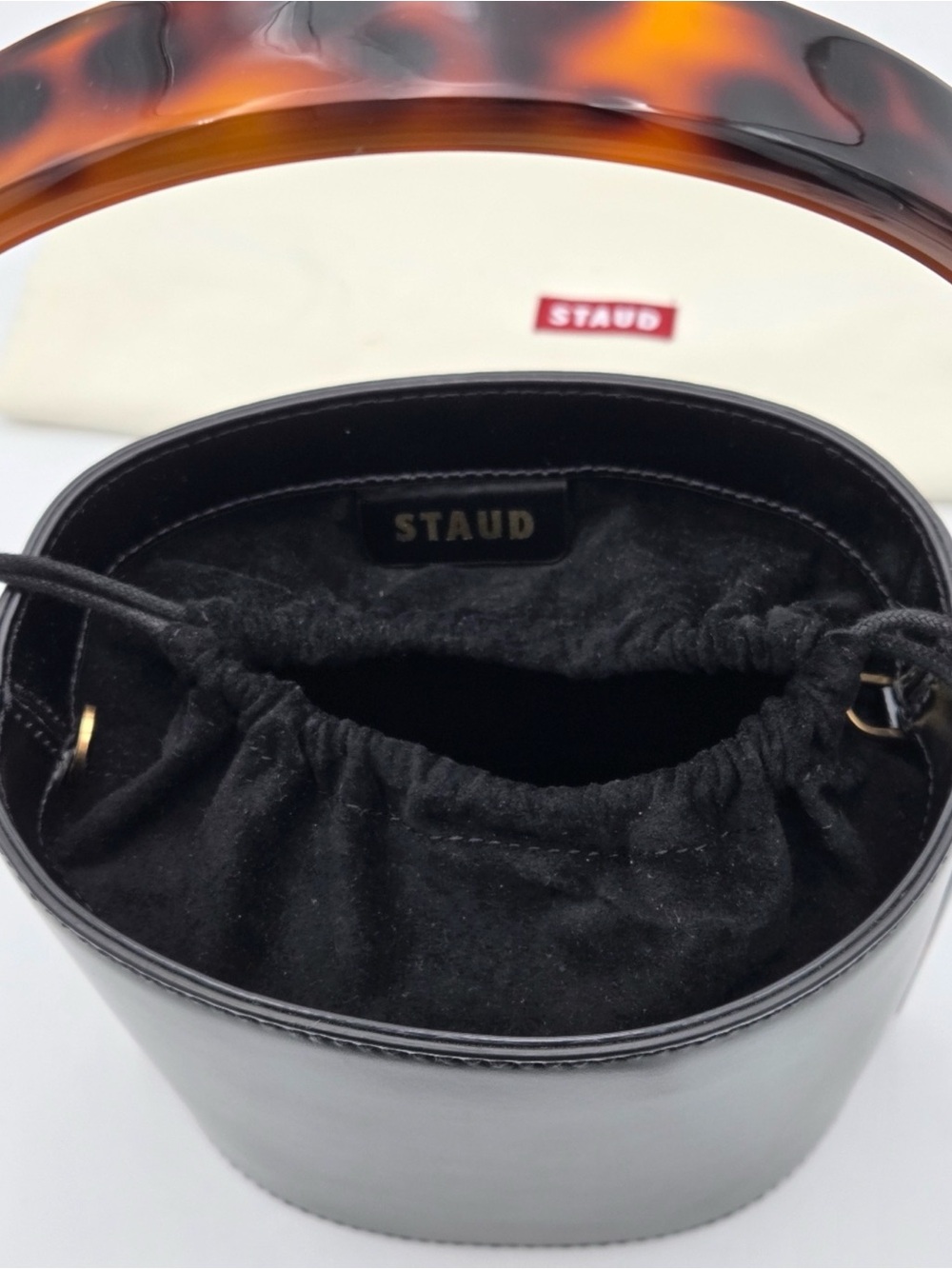 STAUD Moreau Black Leather Bucket Bag Tortoise Handle Crossbody Quiet Luxury - Picture 11 of 12